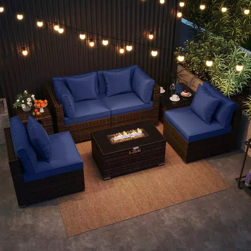 Costway Ensemble de Meubles de Jardin 7 Pièces Table Foyer à Gaz 40 000 BTU Housse pour Bouteille de Propane Table Marron Mixte + Bleu Marine/Rouge/Noir/Turquoise/Blanc Cassé