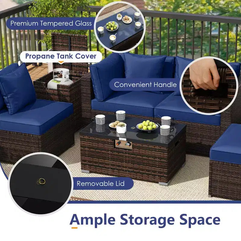 Costway Ensemble de Meubles de Jardin 7 Pièces Table Foyer à Gaz 40 000 BTU Housse pour Bouteille de Propane Table Marron Mixte + Bleu Marine/Rouge/Noir/Turquoise/Blanc Cassé