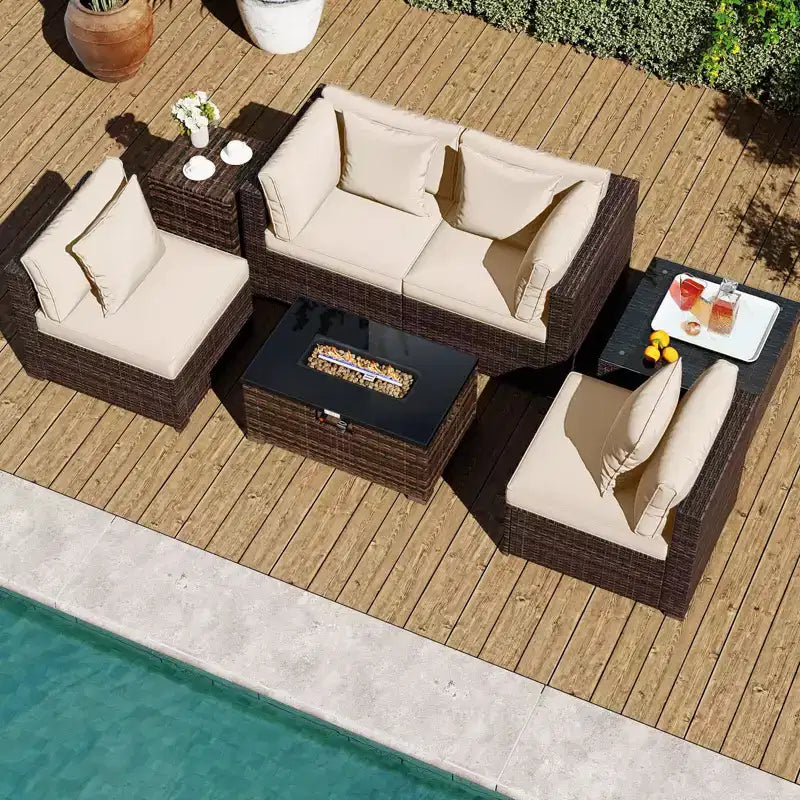 Costway Ensemble de Meubles de Jardin 7 Pièces Table Foyer à Gaz 40 000 BTU Housse pour Bouteille de Propane Table Marron Mixte + Bleu Marine/Rouge/Noir/Turquoise/Blanc Cassé