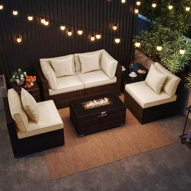 Costway Ensemble de Meubles de Jardin 7 Pièces Table Foyer à Gaz 40 000 BTU Housse pour Bouteille de Propane Table Marron Mixte + Bleu Marine/Rouge/Noir/Turquoise/Blanc Cassé