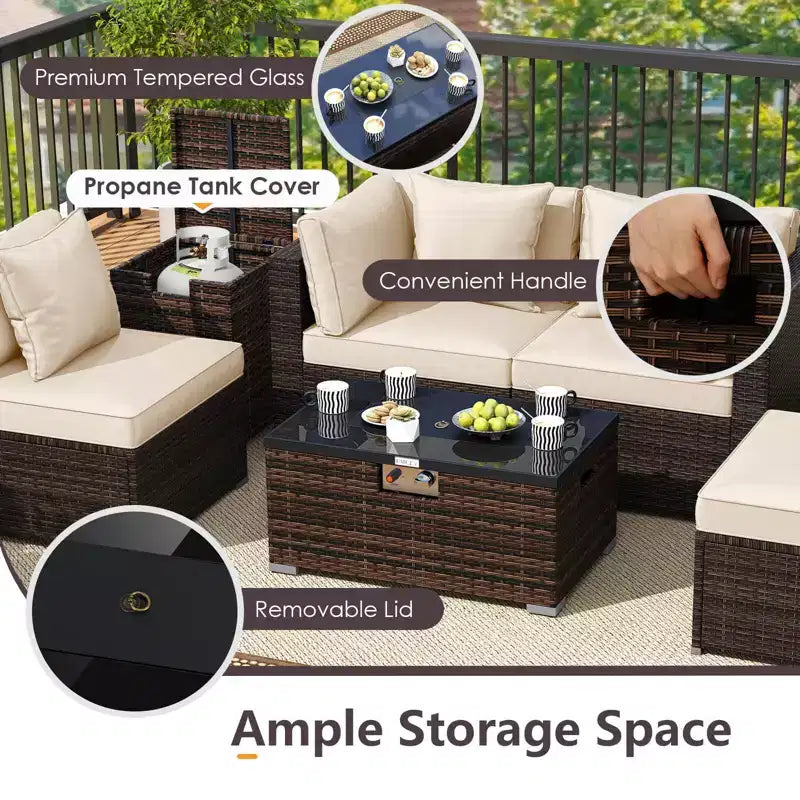 Costway Ensemble de Meubles de Jardin 7 Pièces Table Foyer à Gaz 40 000 BTU Housse pour Bouteille de Propane Table Marron Mixte + Bleu Marine/Rouge/Noir/Turquoise/Blanc Cassé