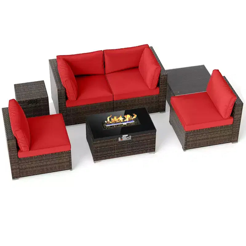 Costway Ensemble de Meubles de Jardin 7 Pièces Table Foyer à Gaz 40 000 BTU Housse pour Bouteille de Propane Table Marron Mixte + Bleu Marine/Rouge/Noir/Turquoise/Blanc Cassé