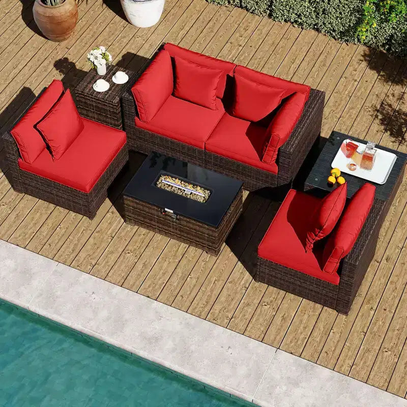 Costway Ensemble de Meubles de Jardin 7 Pièces Table Foyer à Gaz 40 000 BTU Housse pour Bouteille de Propane Table Marron Mixte + Bleu Marine/Rouge/Noir/Turquoise/Blanc Cassé