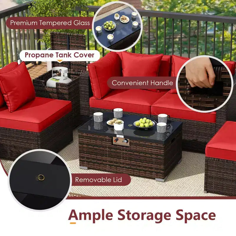 Costway Ensemble de Meubles de Jardin 7 Pièces Table Foyer à Gaz 40 000 BTU Housse pour Bouteille de Propane Table Marron Mixte + Bleu Marine/Rouge/Noir/Turquoise/Blanc Cassé