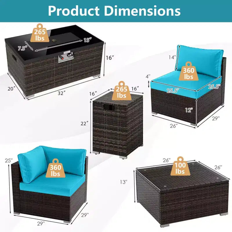 Costway Ensemble de Meubles de Jardin 7 Pièces Table Foyer à Gaz 40 000 BTU Housse pour Bouteille de Propane Table Marron Mixte + Bleu Marine/Rouge/Noir/Turquoise/Blanc Cassé