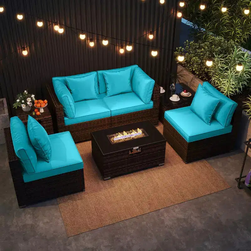Costway Ensemble de Meubles de Jardin 7 Pièces Table Foyer à Gaz 40 000 BTU Housse pour Bouteille de Propane Table Marron Mixte + Bleu Marine/Rouge/Noir/Turquoise/Blanc Cassé