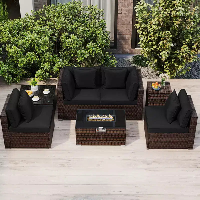 Costway Ensemble de Meubles de Jardin 7 Pièces Table Foyer à Gaz 40 000 BTU Housse pour Bouteille de Propane Table Marron Mixte + Bleu Marine/Rouge/Noir/Turquoise/Blanc Cassé