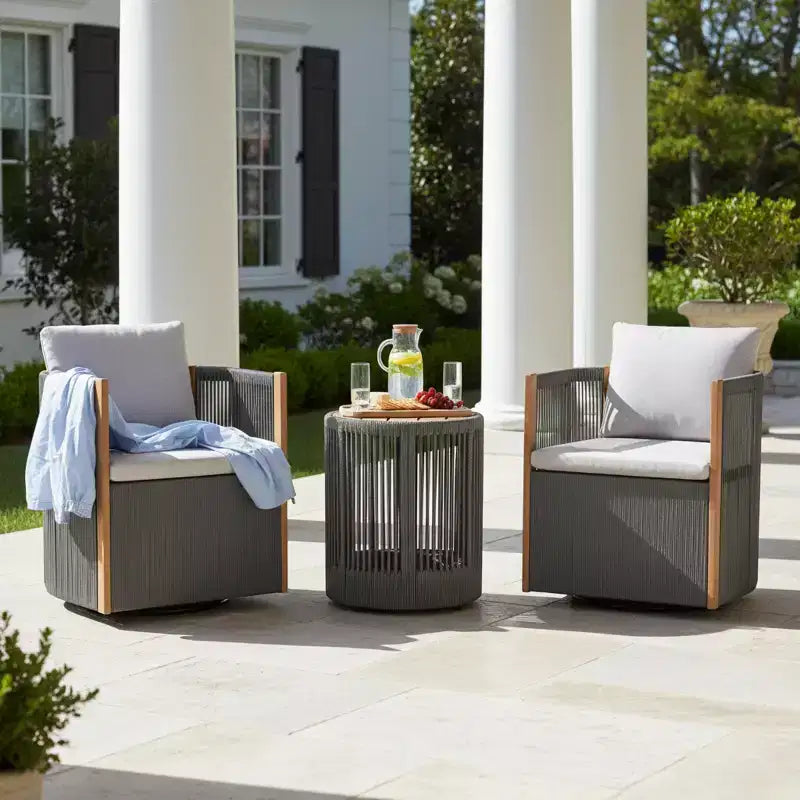 Christopher Knight Home Mason Ensemble de conversation moderne bohème 3 pièces avec chaises pivotantes en bois d'acacia et corde et table d'appoint ronde
