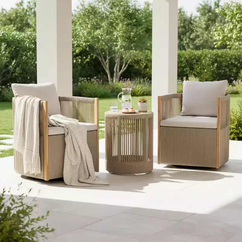 Christopher Knight Home Mason Ensemble de conversation moderne bohème 3 pièces avec chaises pivotantes en bois d'acacia et corde et table d'appoint ronde