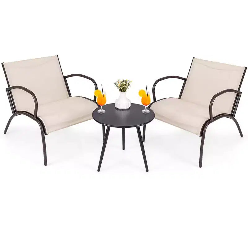 Costway 3 Piece Patio Chair Set w/ Curved Fabric Seat Round Coffee Table for Backyard