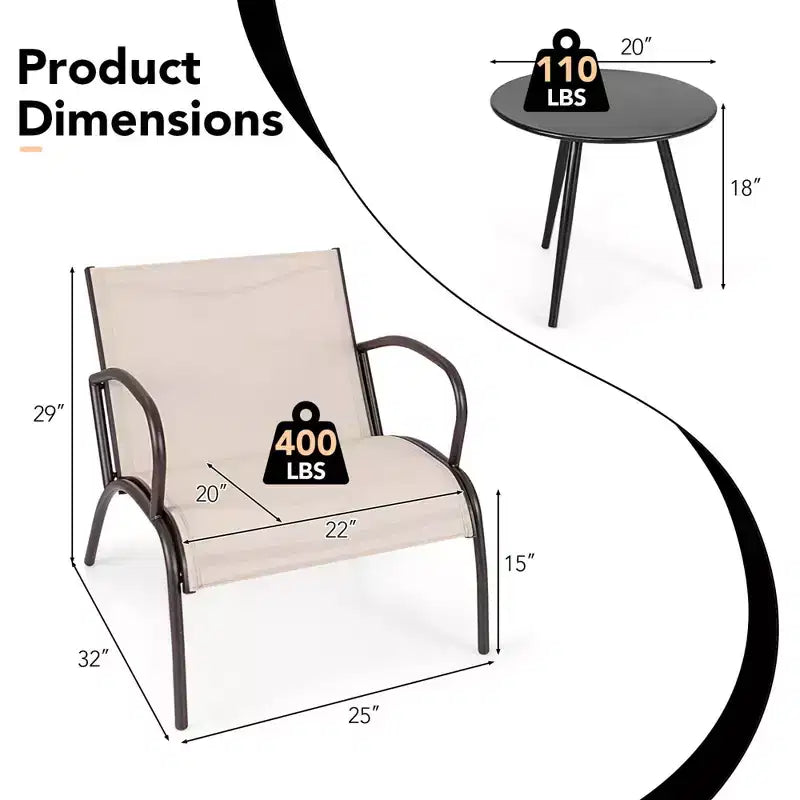 Ensemble de 3 chaises de patio Costway avec siège en tissu courbé et table basse ronde pour le jardin