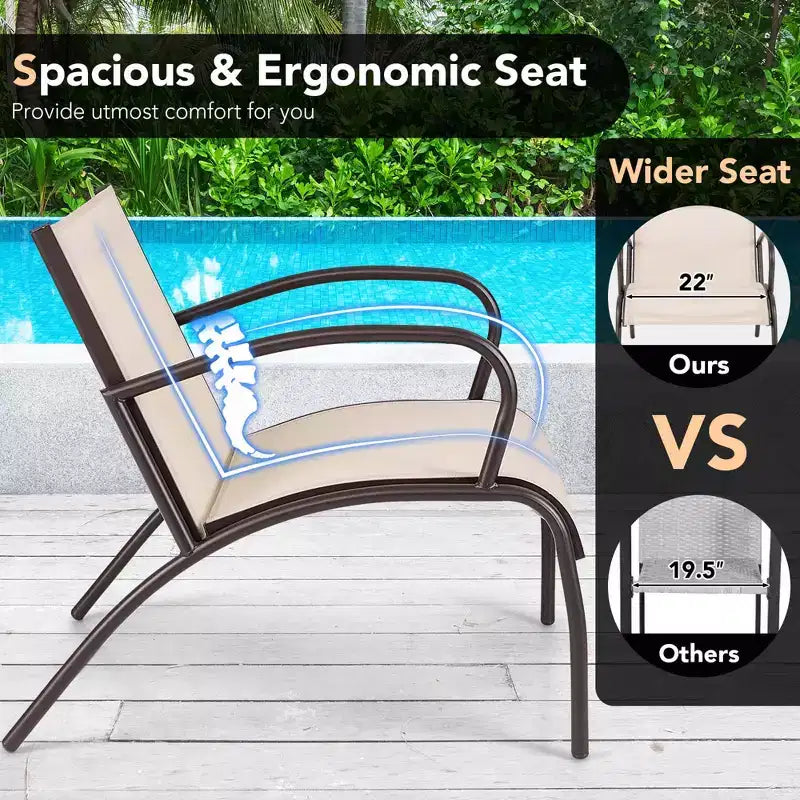 Ensemble de 3 chaises de patio Costway avec siège en tissu courbé et table basse ronde pour le jardin