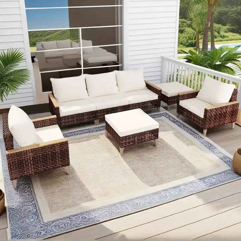 Ensemble de canapé d'extérieur 5 pièces Whisen Patio, salon de jardin en rotin pour 7 personnes avec coussins moelleux - Blanc