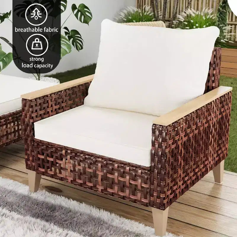 Ensemble de canapé d'extérieur 5 pièces Whisen Patio, salon de jardin en rotin pour 7 personnes avec coussins moelleux - Blanc