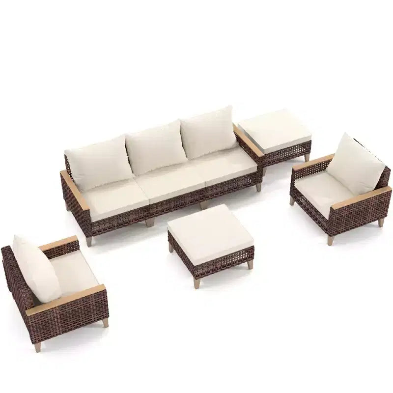 Ensemble de canapé d'extérieur 5 pièces Whisen Patio, salon de jardin en rotin pour 7 personnes avec coussins moelleux - Blanc