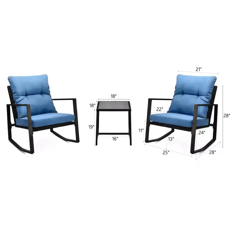 Ensemble de conversation d'extérieur 3 pièces Whisen : 2 fauteuils à bascule de patio avec coussin et 1 table – Bleu