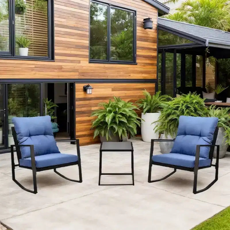 Ensemble de conversation d'extérieur 3 pièces Whisen : 2 fauteuils à bascule de patio avec coussin et 1 table – Bleu