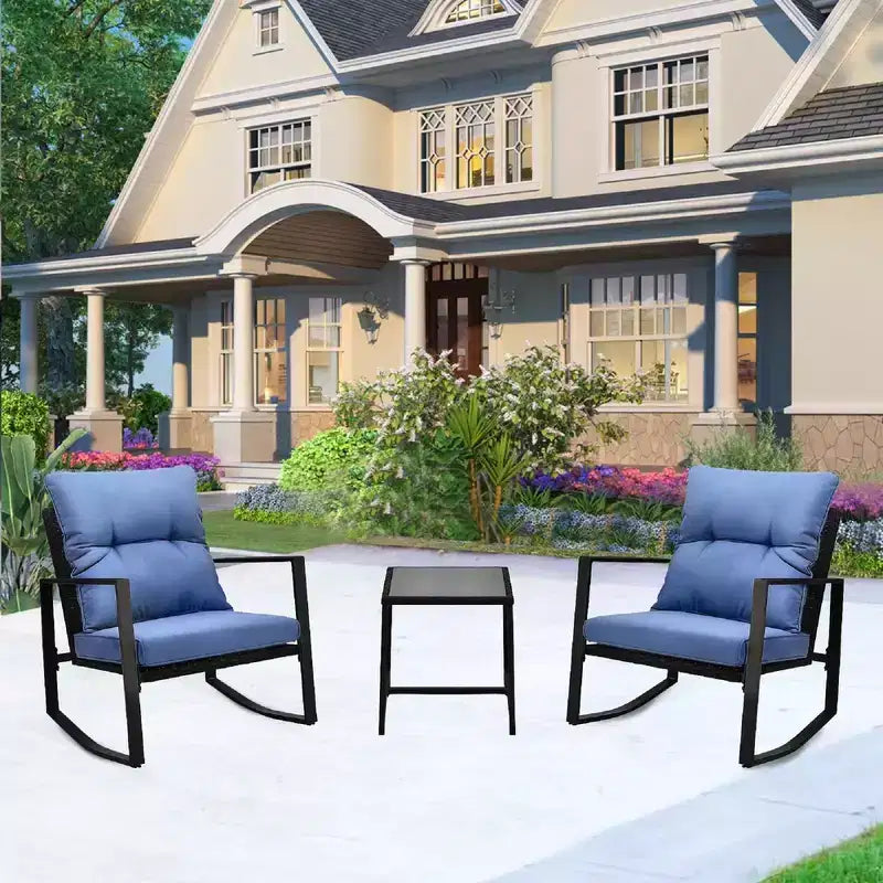 Ensemble de conversation d'extérieur 3 pièces Whisen : 2 fauteuils à bascule de patio avec coussin et 1 table – Bleu