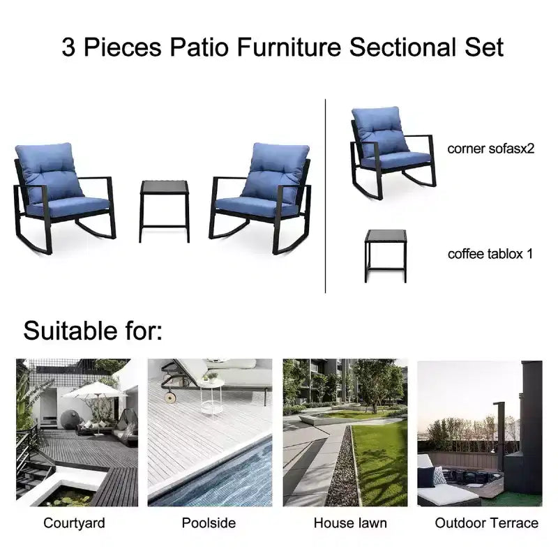 Ensemble de conversation d'extérieur 3 pièces Whisen : 2 fauteuils à bascule de patio avec coussin et 1 table – Bleu
