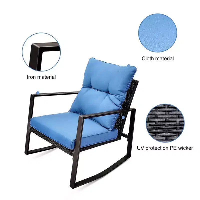 Ensemble de conversation d'extérieur 3 pièces Whisen : 2 fauteuils à bascule de patio avec coussin et 1 table – Bleu