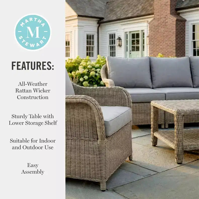 Canapé de patio en rotin tressé toutes saisons Martha Stewart, 2 chaises, table basse – Gris patiné