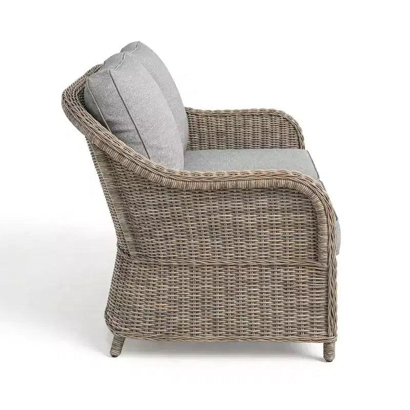 Canapé de patio en rotin tressé toutes saisons Martha Stewart, 2 chaises, table basse – Gris patiné