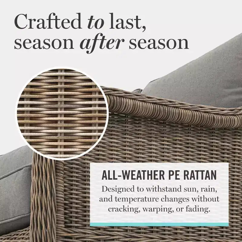 Canapé de patio en rotin tressé toutes saisons Martha Stewart, 2 chaises, table basse – Gris patiné