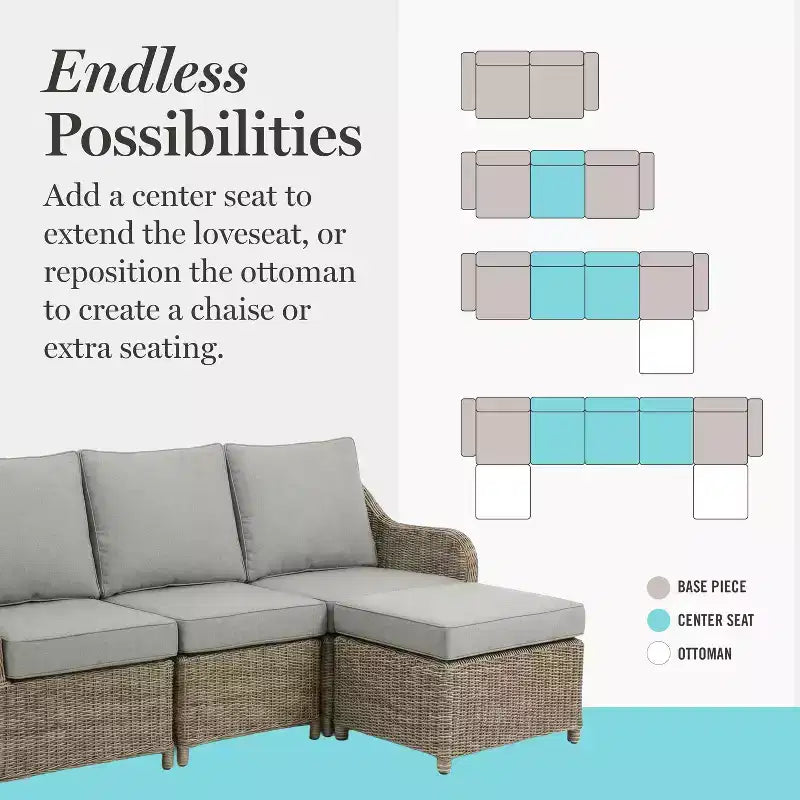 Canapé de patio en rotin tressé toutes saisons Martha Stewart, 2 chaises, table basse – Gris patiné