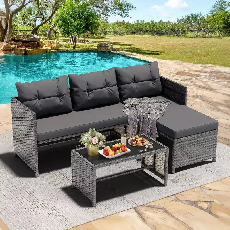 Celebalcony Salon de jardin 3 pièces en rotin, canapé d'angle en forme de L avec coussins et table en verre pour balcon et jardin