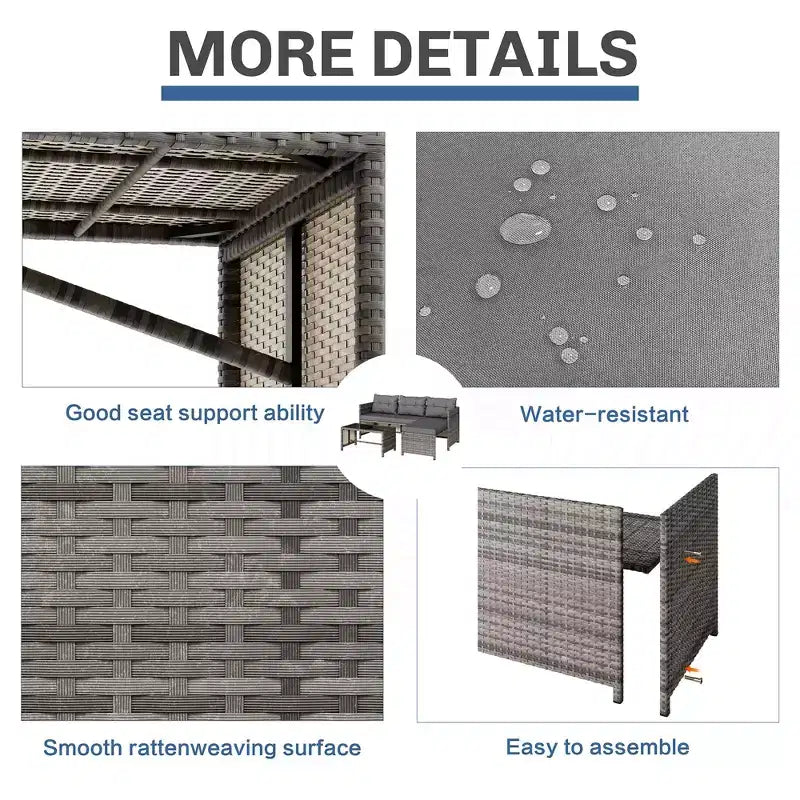 Celebalcony Salon de jardin 3 pièces en rotin, canapé d'angle en forme de L avec coussins et table en verre pour balcon et jardin
