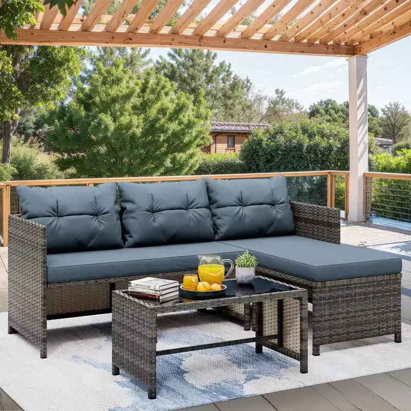 Celebalcony Salon de jardin 3 pièces en rotin, canapé d'angle en forme de L avec coussins et table en verre pour balcon et jardin
