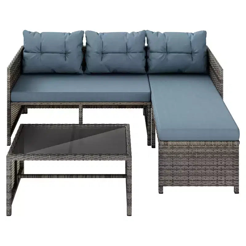 Celebalcony Salon de jardin 3 pièces en rotin, canapé d'angle en forme de L avec coussins et table en verre pour balcon et jardin