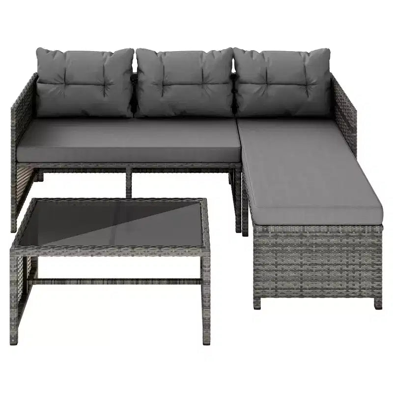 Celebalcony Salon de jardin 3 pièces en rotin, canapé d'angle en forme de L avec coussins et table en verre pour balcon et jardin