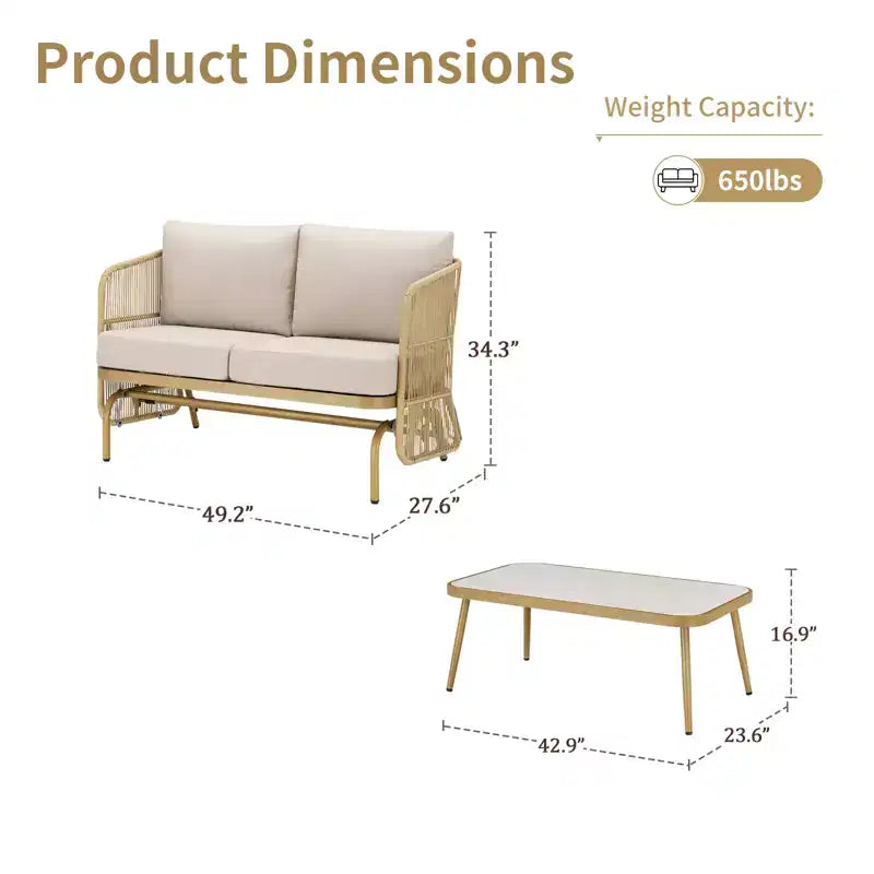 GDFStudio Lucas Ensemble de conversation Causeuse planeur en osier d'extérieur avec table basse et coussins