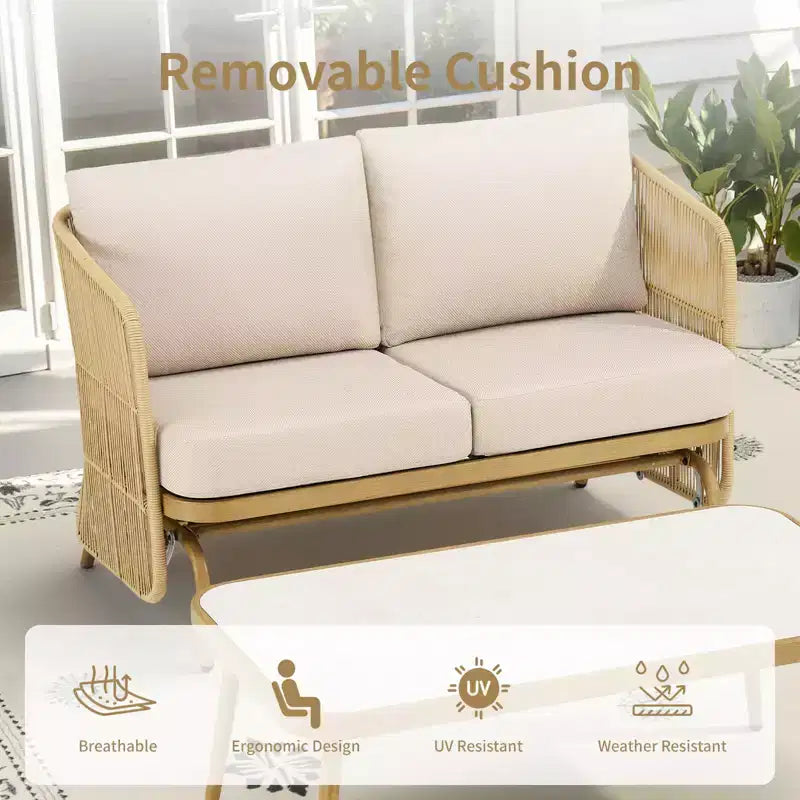 GDFStudio Lucas Ensemble de conversation Causeuse planeur en osier d'extérieur avec table basse et coussins