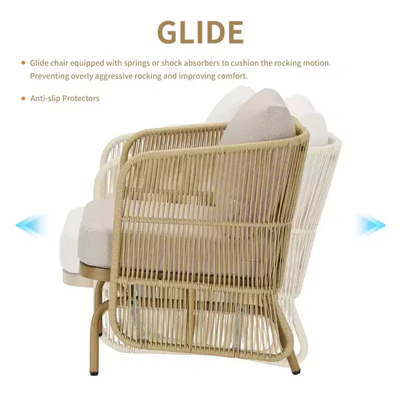 GDFStudio Lucas Ensemble de conversation Causeuse planeur en osier d'extérieur avec table basse et coussins