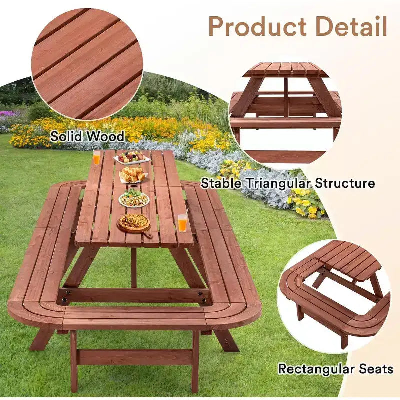 Zevemomo Ensemble de salle à manger d'extérieur 14-16 personnes en bois avec trou de parasol, 2 longs bancs intégrés, capacité totale de 1193 kg pour cours, marron