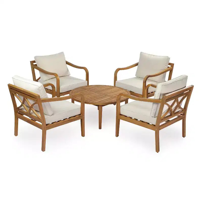 Christopher Knight Home Salma Ensemble de conversation 5 pièces moderne en bois d'acacia avec table à lattes et coussins