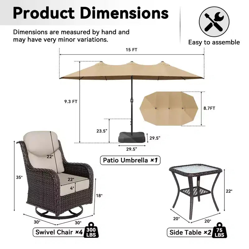 Ensemble de chaises pivotantes d'extérieur UPTIOT avec tables d'appoint et parasol de patio amélioré de 4,5 m