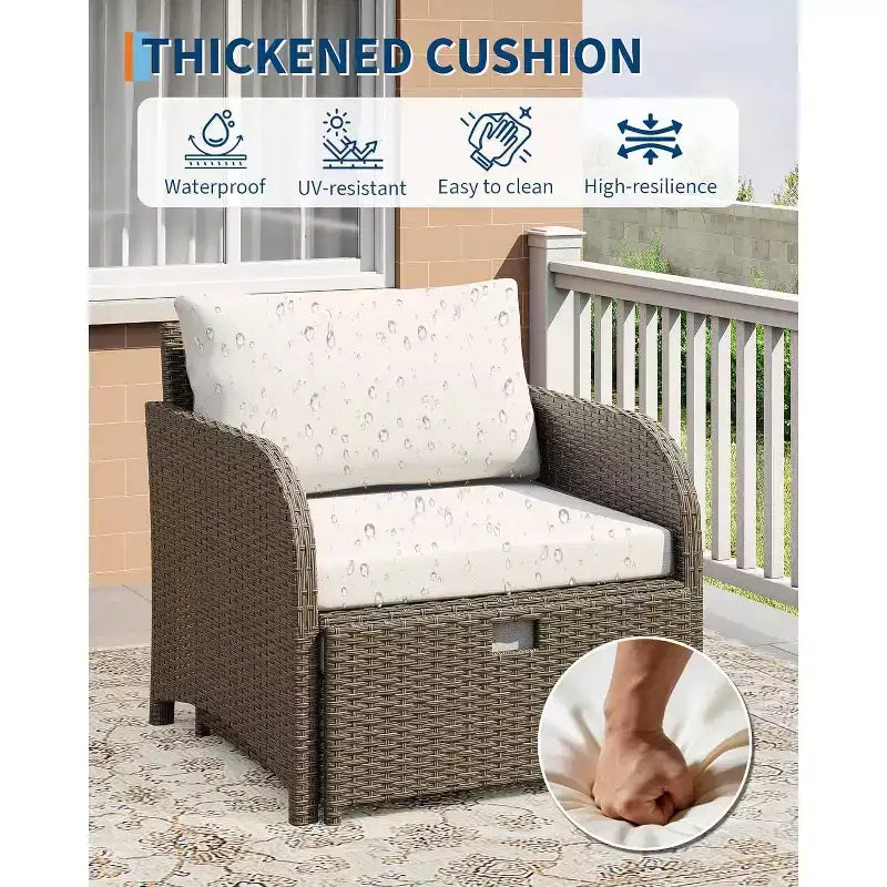 Ensemble de mobilier de jardin 5 pièces en rotin PE GustoWave, ensemble de sièges d'extérieur en osier avec poufs et table en verre, ensemble de conversation tout temps pour balcon de jardin