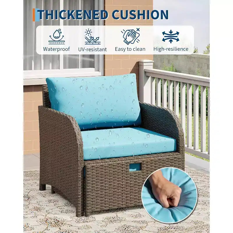 Ensemble de mobilier de jardin 5 pièces en rotin PE GustoWave, ensemble de sièges d'extérieur en osier avec poufs et table en verre, ensemble de conversation tout temps pour balcon de jardin