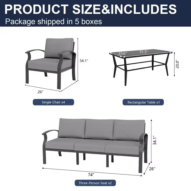 ALAULM Ensemble de mobilier de jardin 8 places en aluminium avec table basse en métal et 5 coussins épais