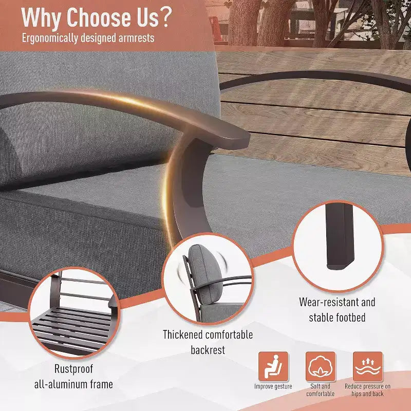 ALAULM Ensemble de mobilier de jardin 8 places en aluminium avec table basse en métal et 5 coussins épais