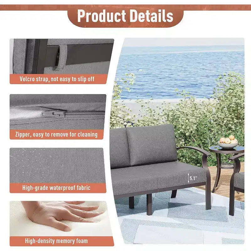 ALAULM Ensemble de mobilier de jardin 8 places en aluminium avec table basse en métal et 5 coussins épais
