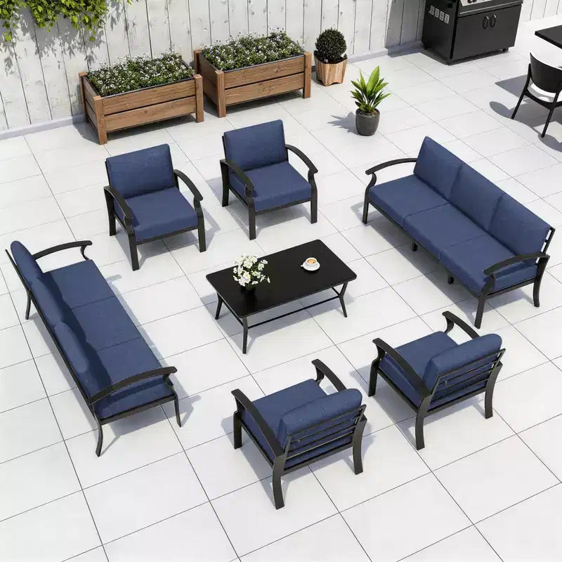ALAULM Ensemble de mobilier de jardin 8 places en aluminium avec table basse en métal et 5 coussins épais