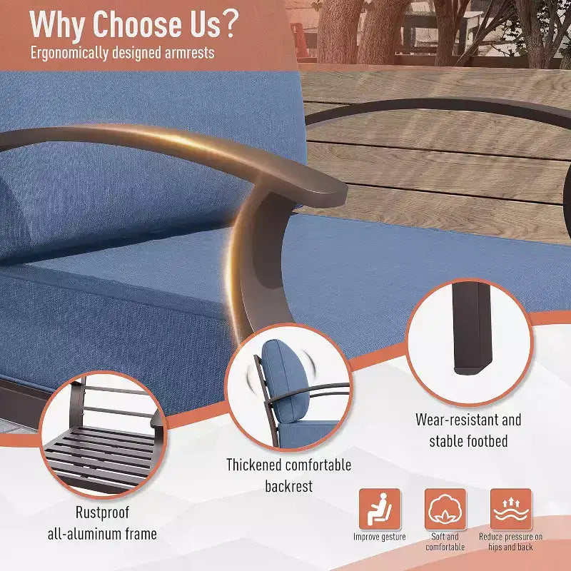 ALAULM Ensemble de mobilier de jardin 8 places en aluminium avec table basse en métal et 5 coussins épais