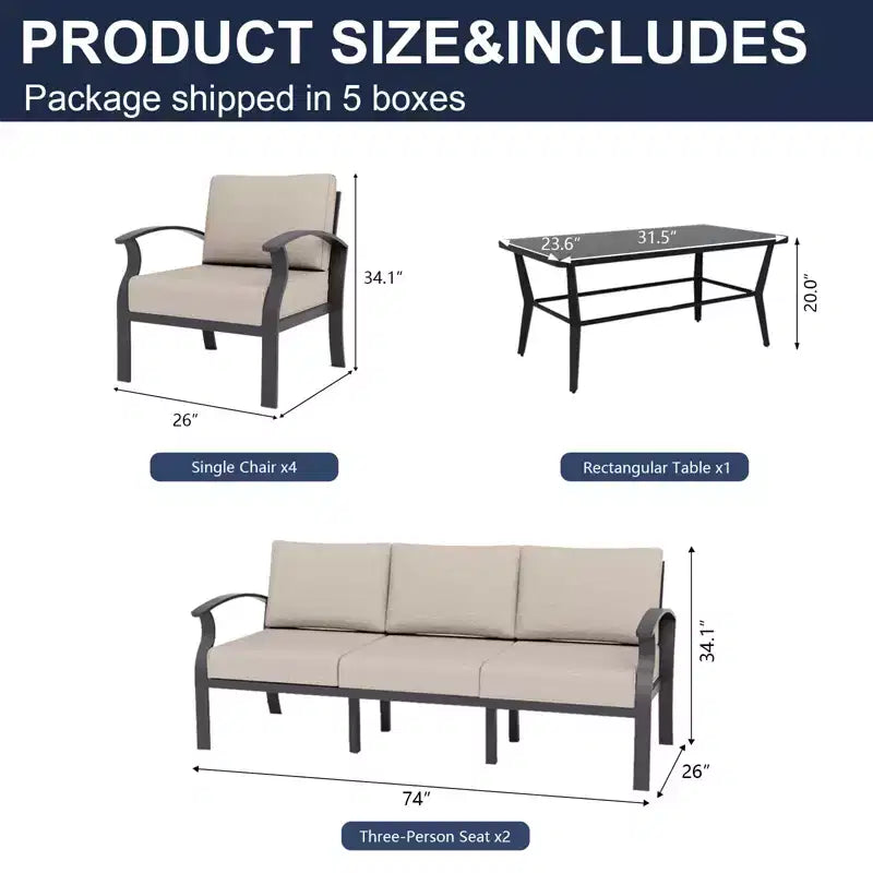 ALAULM Ensemble de mobilier de jardin 8 places en aluminium avec table basse en métal et 5 coussins épais