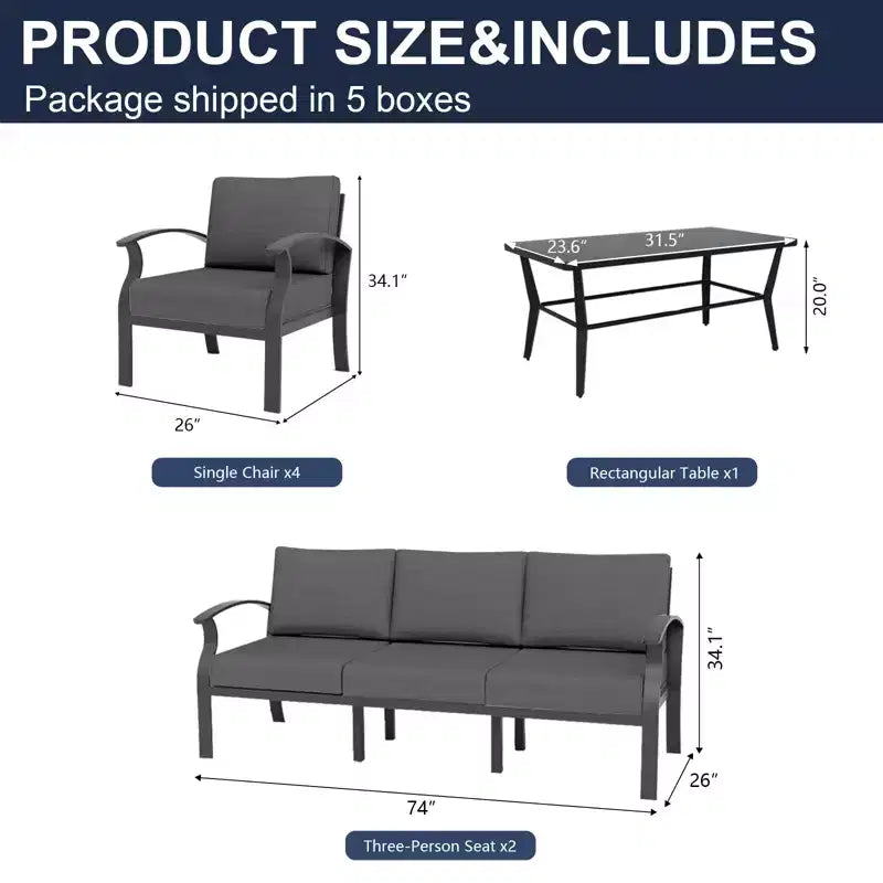 ALAULM Ensemble de mobilier de jardin 8 places en aluminium avec table basse en métal et 5 coussins épais