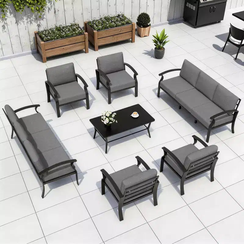 ALAULM Ensemble de mobilier de jardin 8 places en aluminium avec table basse en métal et 5 coussins épais