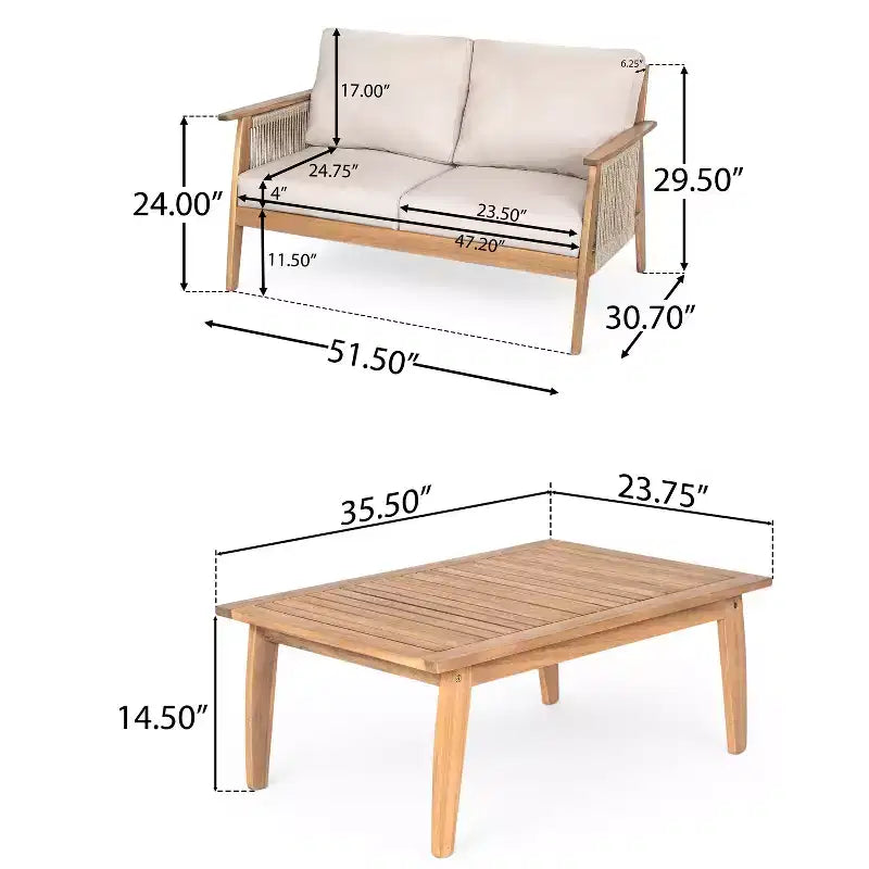 Ensemble de conversation de patio 2/4 pièces, ensemble de meubles d'extérieur en bois d'acacia avec canapé deux places, table, chaise pour jardin/balcon/arrière-cour - ModernLuxe